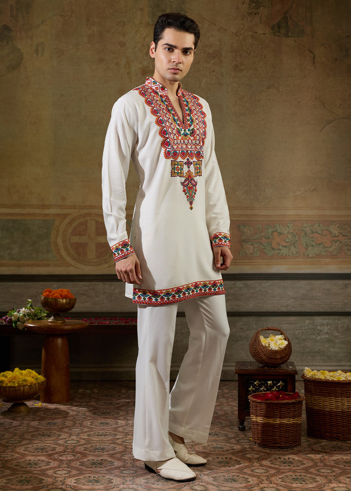 Cream White Rayon Kurta Set with Vivid Resham Detailing