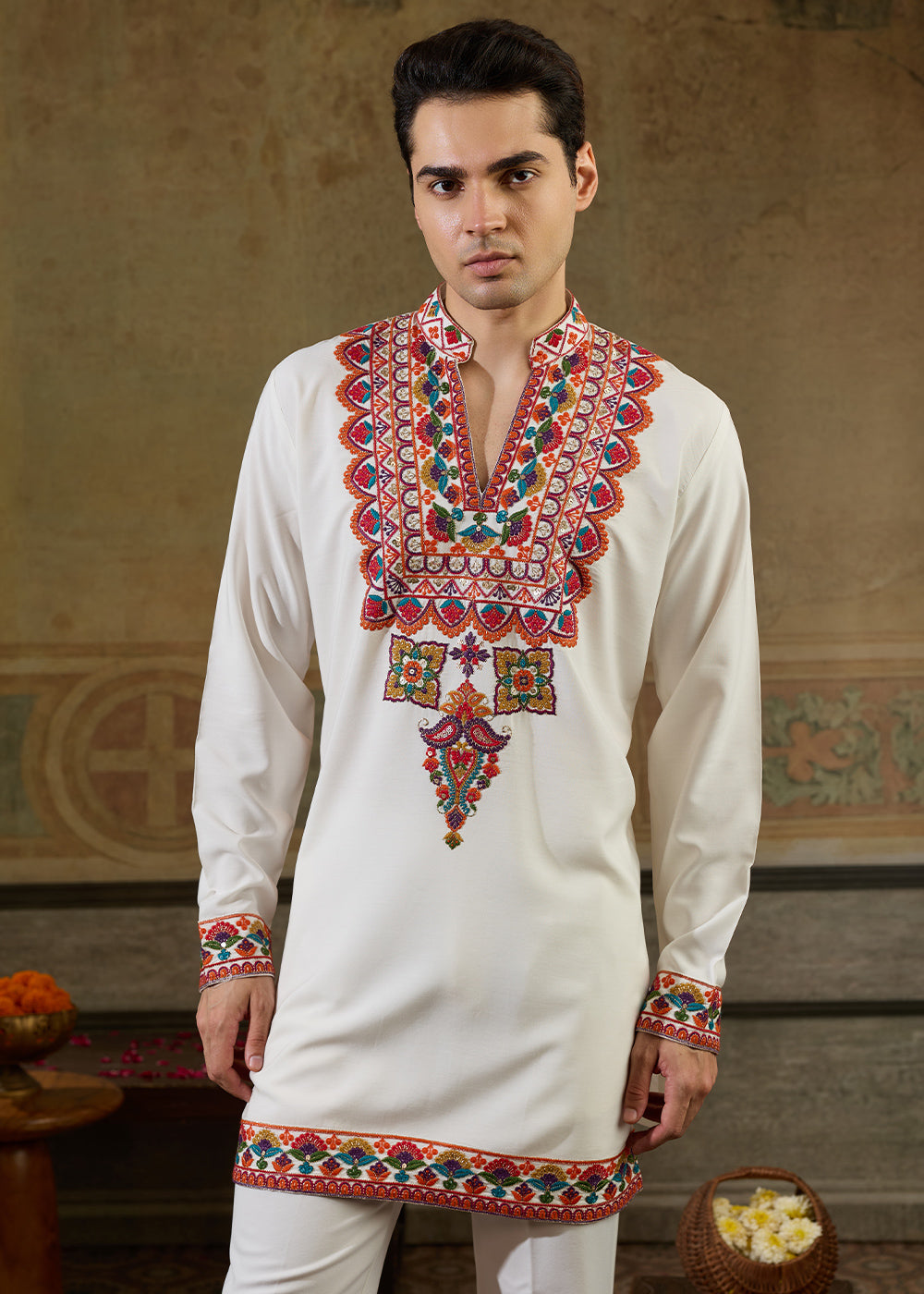 Cream White Rayon Kurta Set with Vivid Resham Detailing