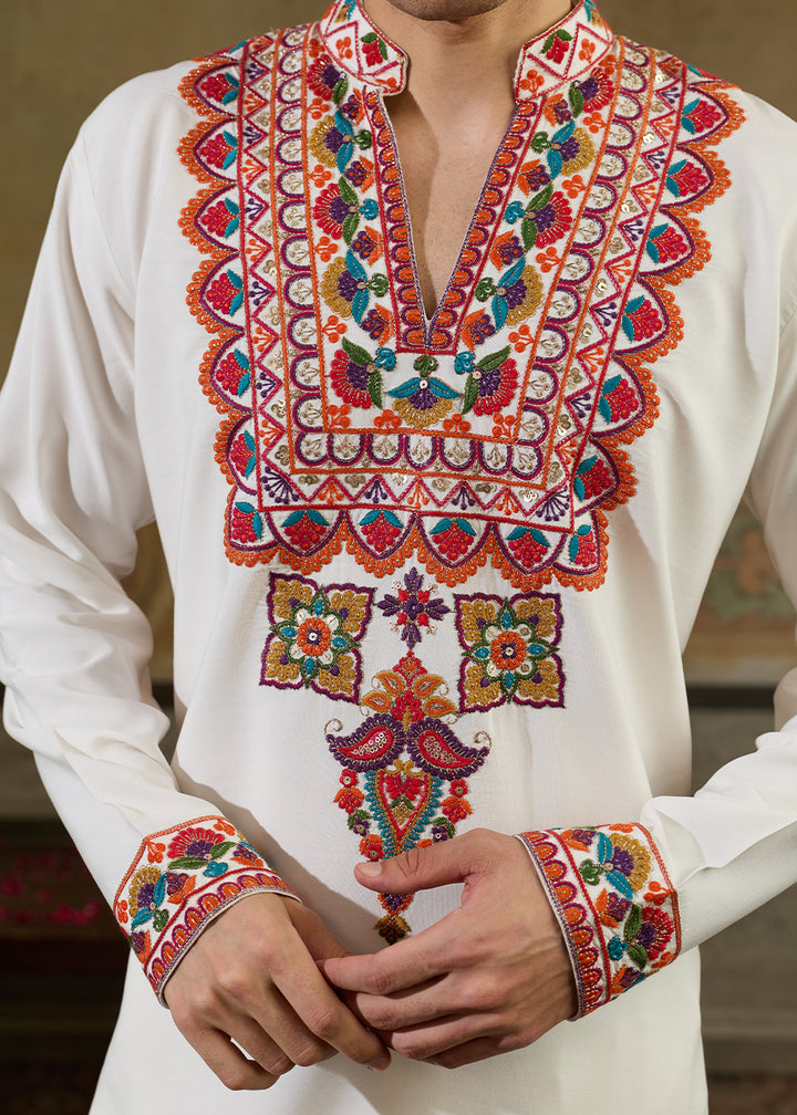 Cream White Rayon Kurta Set with Vivid Resham Detailing