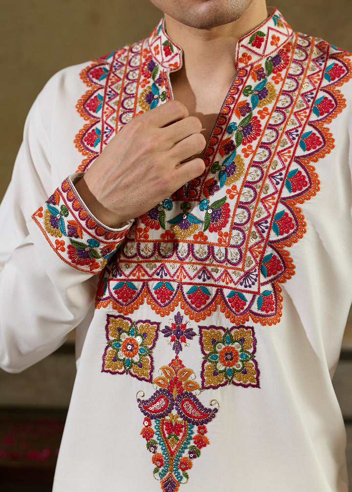 Cream White Rayon Kurta Set with Vivid Resham Detailing