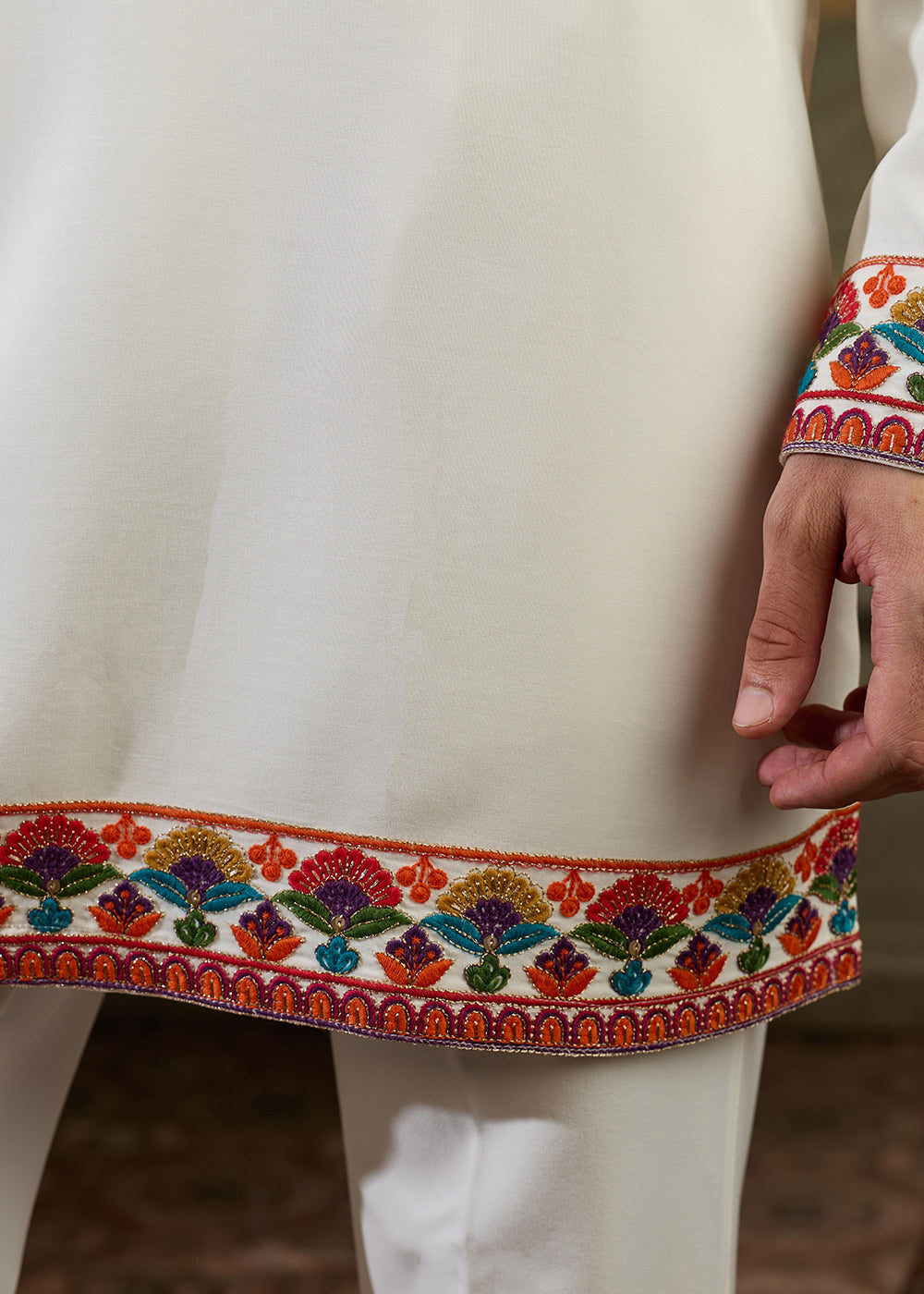 Cream White Rayon Kurta Set with Vivid Resham Detailing