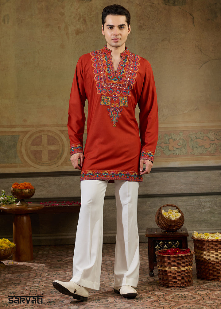 Reddish Orange Rayon Kurta Set with Vivid Resham Detailing