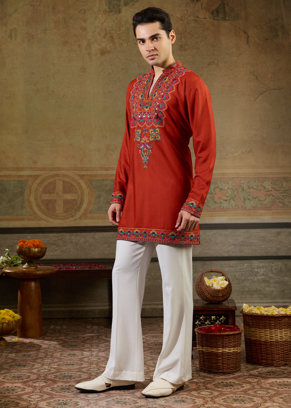 Reddish Orange Rayon Kurta Set with Vivid Resham Detailing