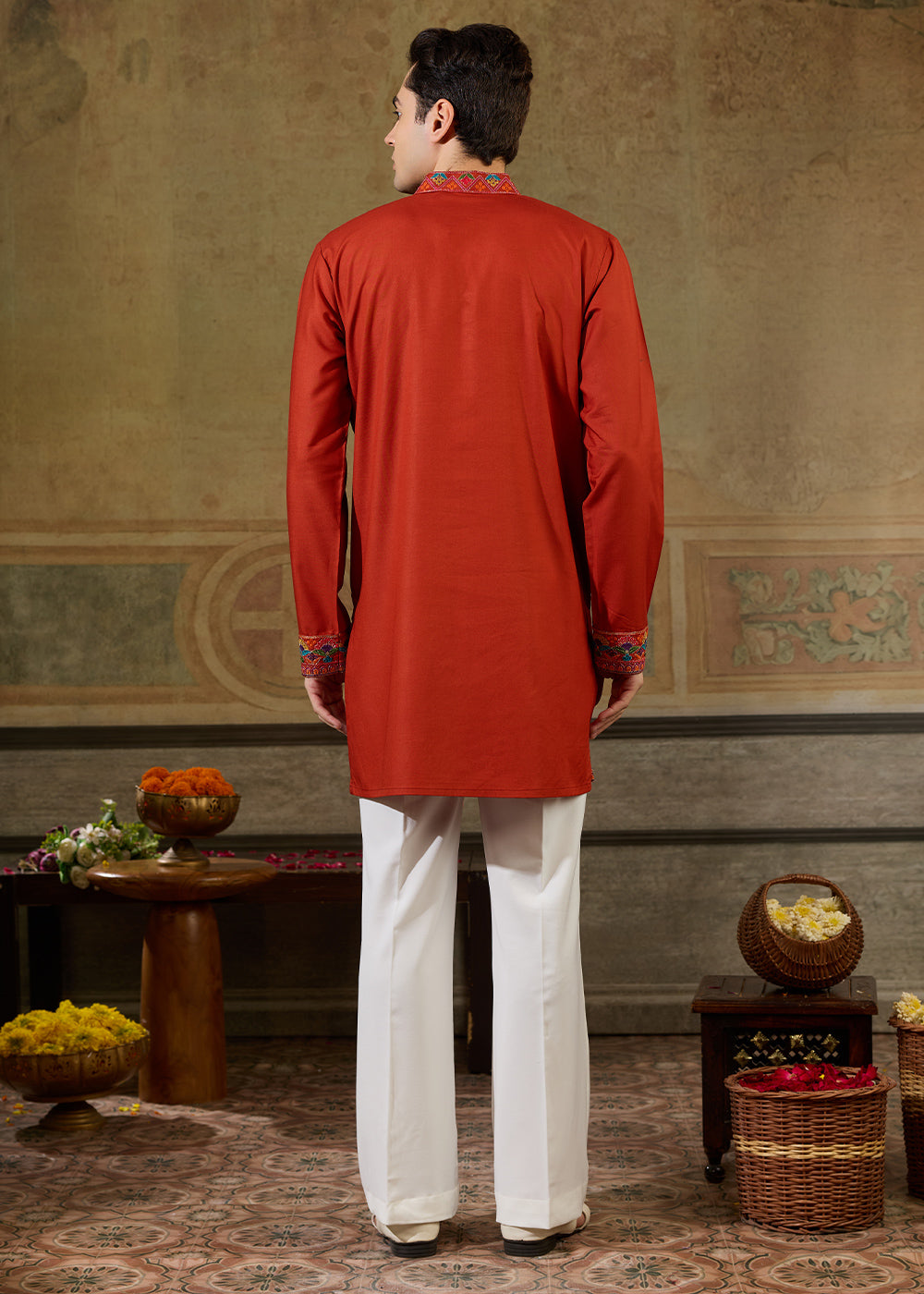 Reddish Orange Rayon Kurta Set with Vivid Resham Detailing