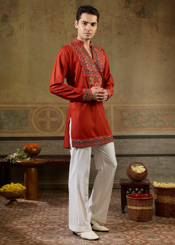 Reddish Orange Rayon Kurta Set with Vivid Resham Detailing
