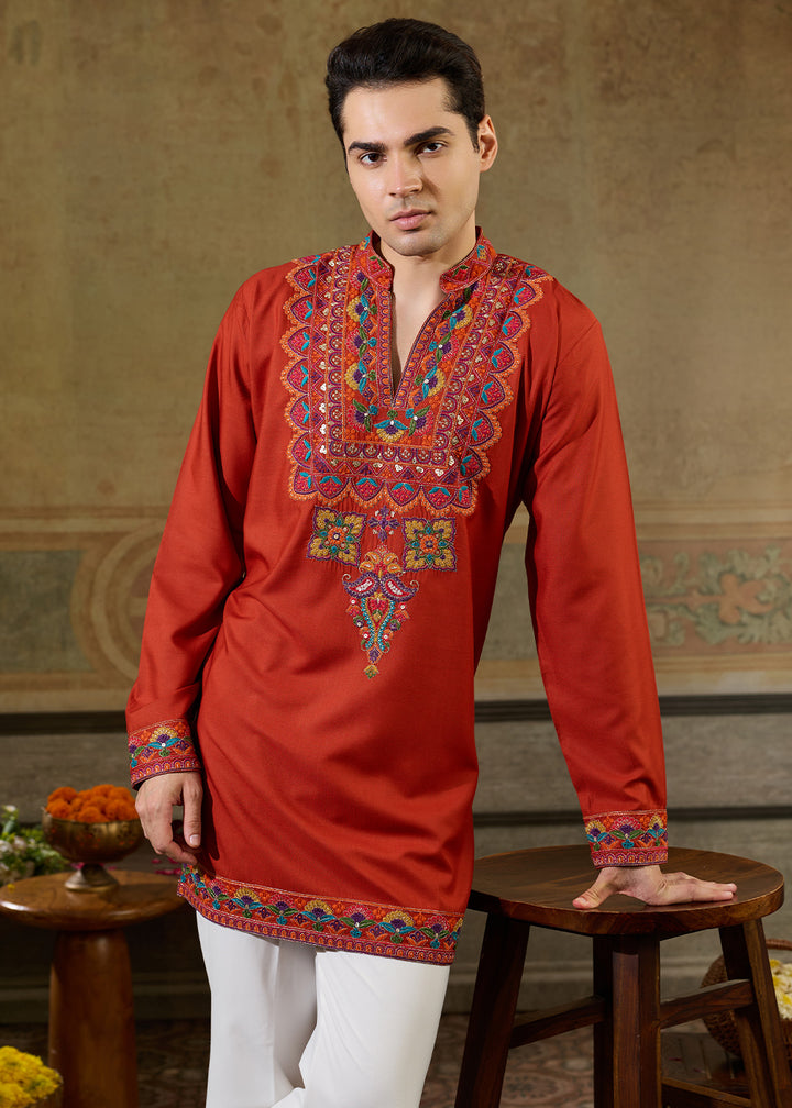 Reddish Orange Rayon Kurta Set with Vivid Resham Detailing