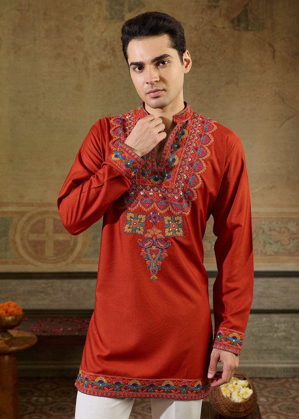 Reddish Orange Rayon Kurta Set with Vivid Resham Detailing