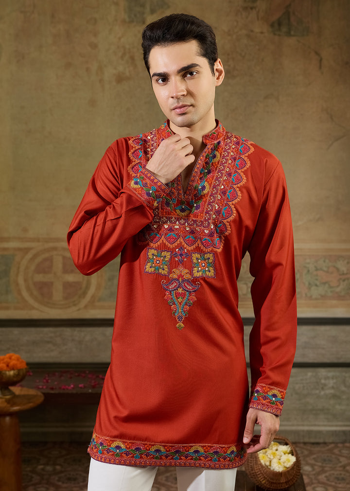 Reddish Orange Rayon Kurta Set with Vivid Resham Detailing