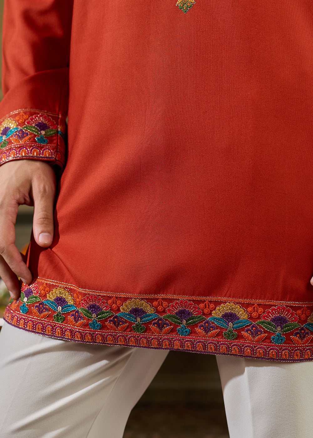 Reddish Orange Rayon Kurta Set with Vivid Resham Detailing