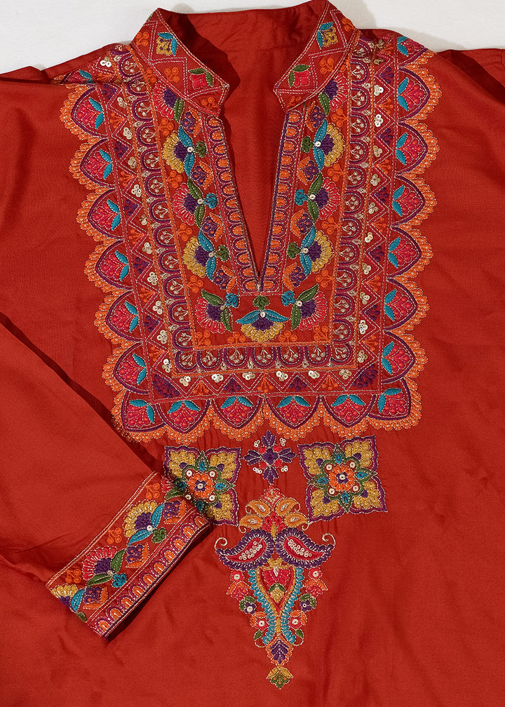 Reddish Orange Rayon Kurta Set with Vivid Resham Detailing