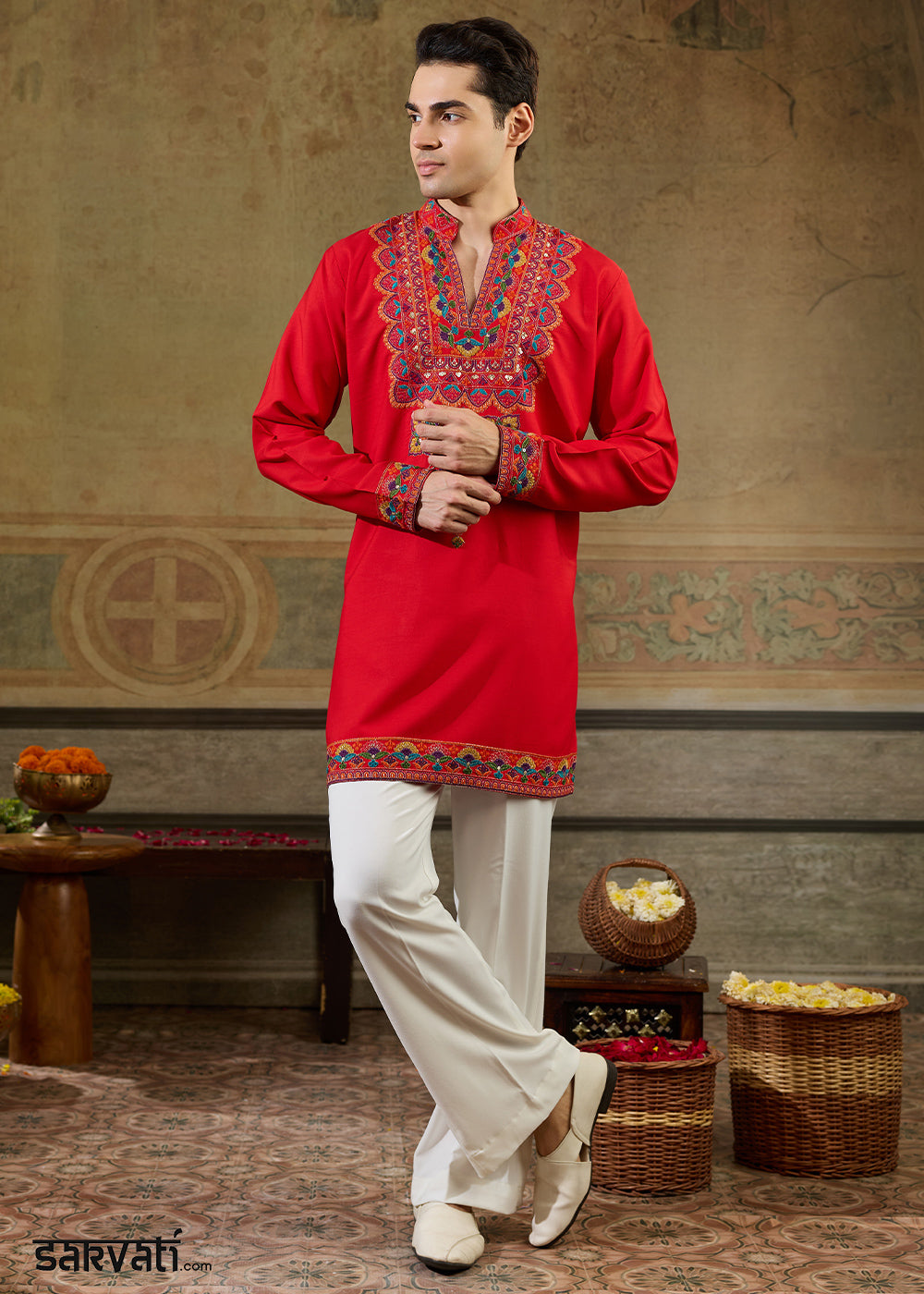 Pinkish Red Rayon Kurta Set with Vivid Resham Detailing