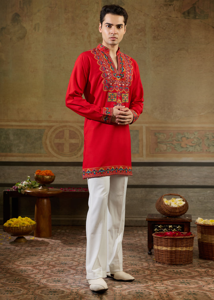 Pinkish Red Rayon Kurta Set with Vivid Resham Detailing