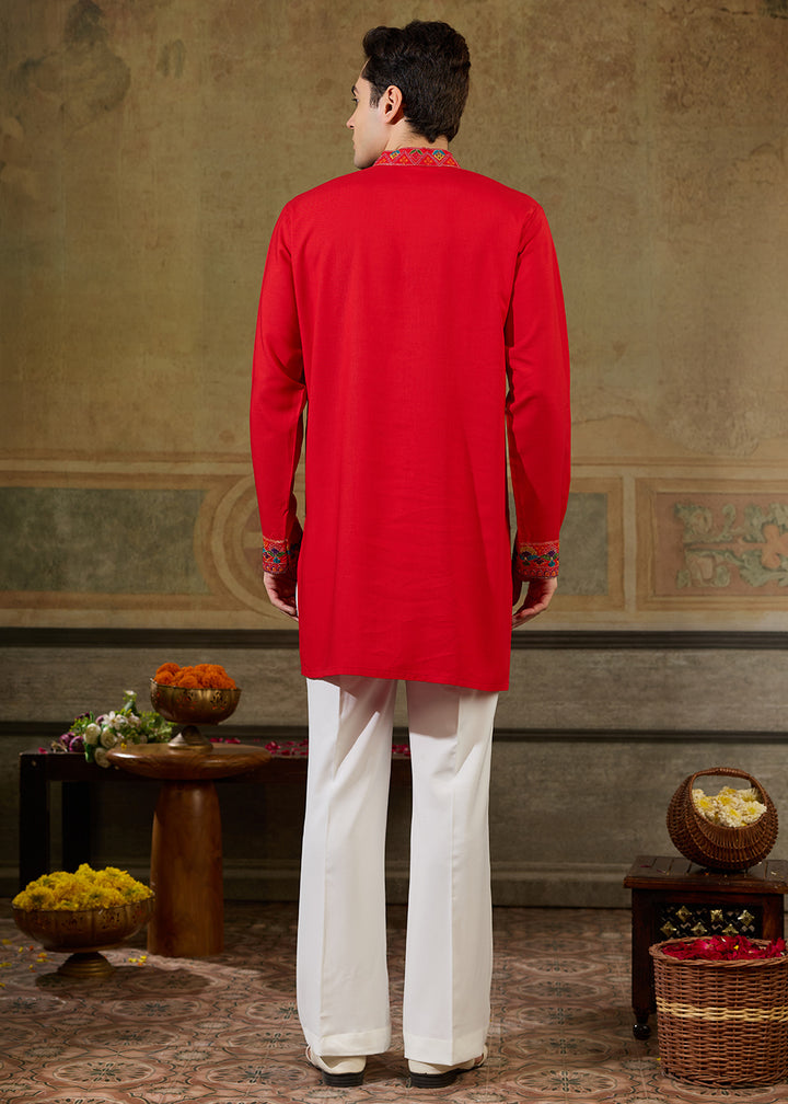 Pinkish Red Rayon Kurta Set with Vivid Resham Detailing
