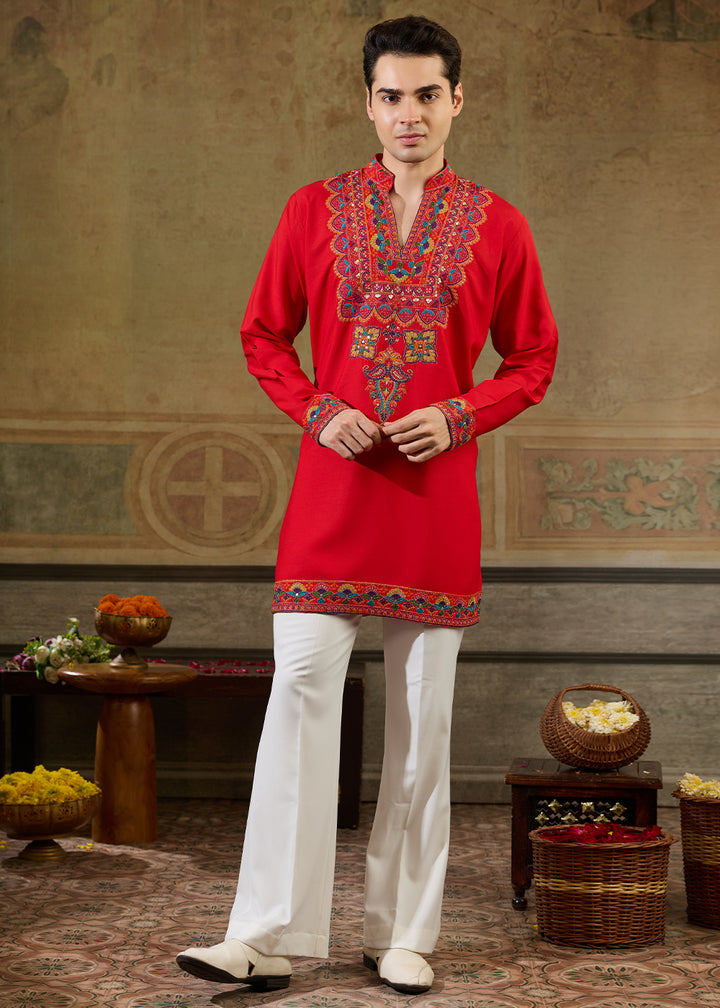 Pinkish Red Rayon Kurta Set with Vivid Resham Detailing