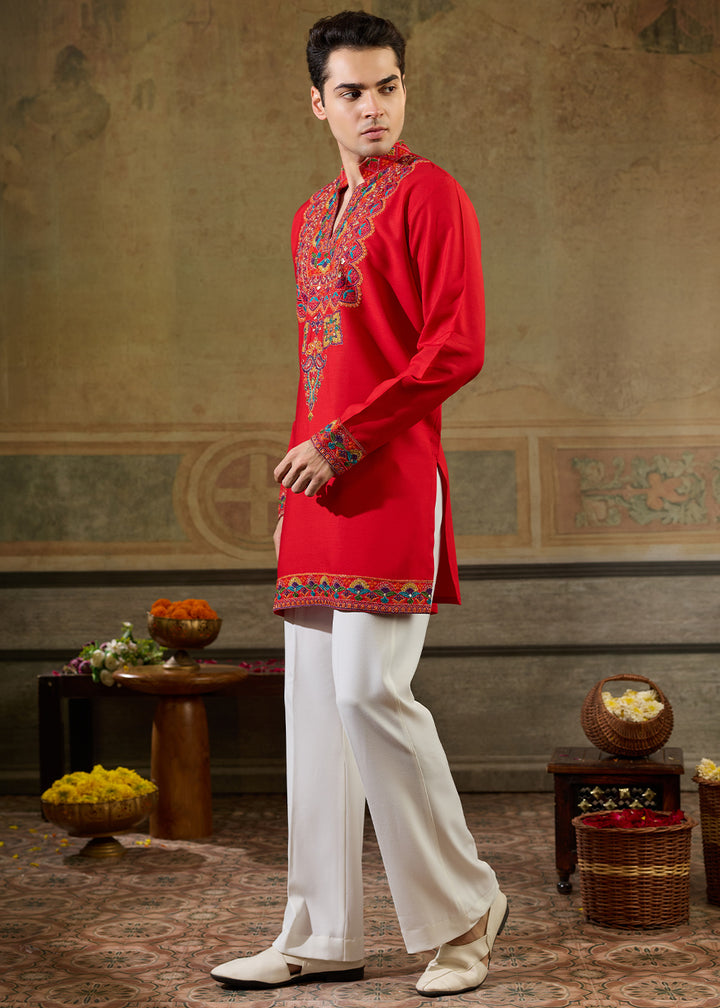 Pinkish Red Rayon Kurta Set with Vivid Resham Detailing