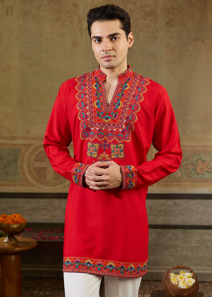 Pinkish Red Rayon Kurta Set with Vivid Resham Detailing