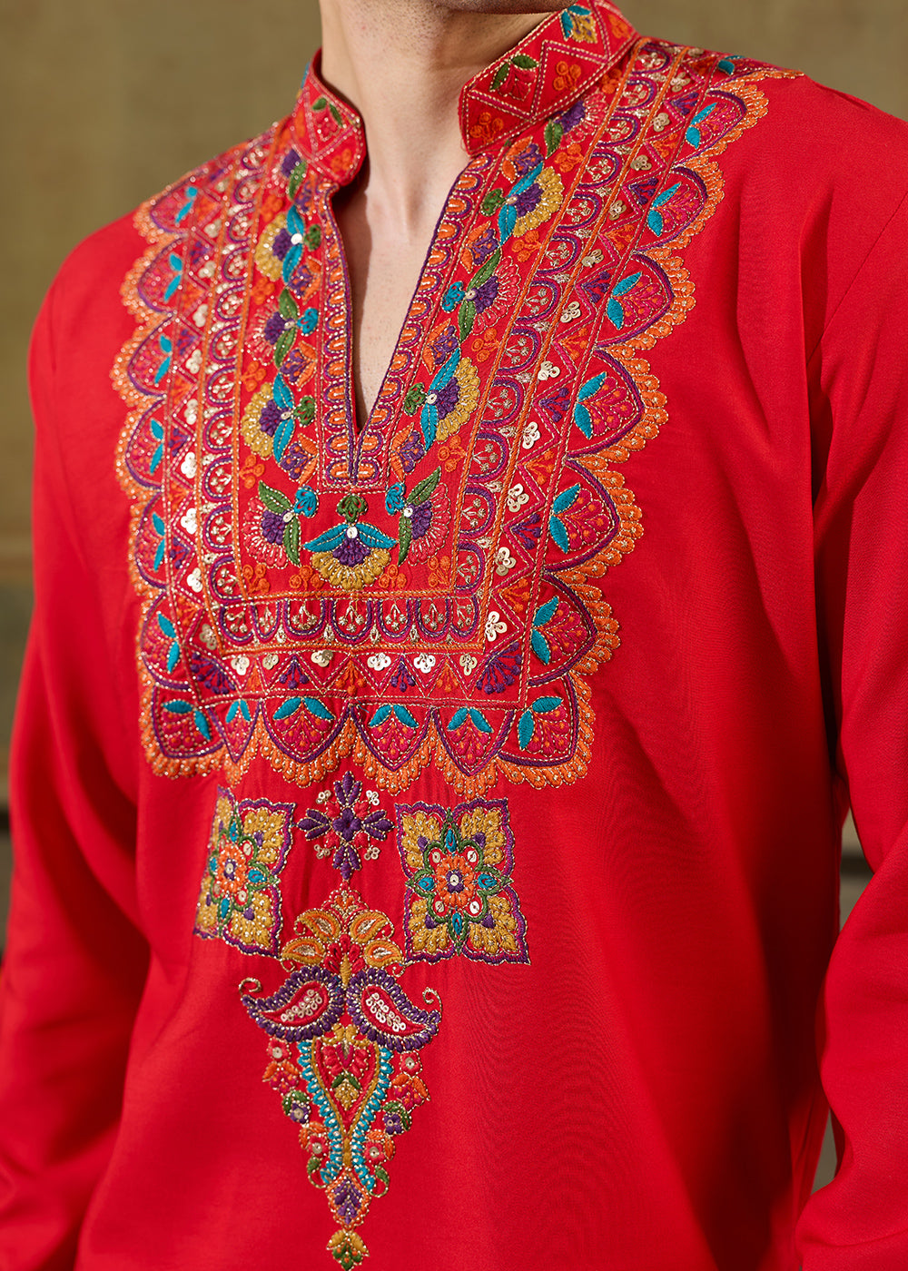 Pinkish Red Rayon Kurta Set with Vivid Resham Detailing