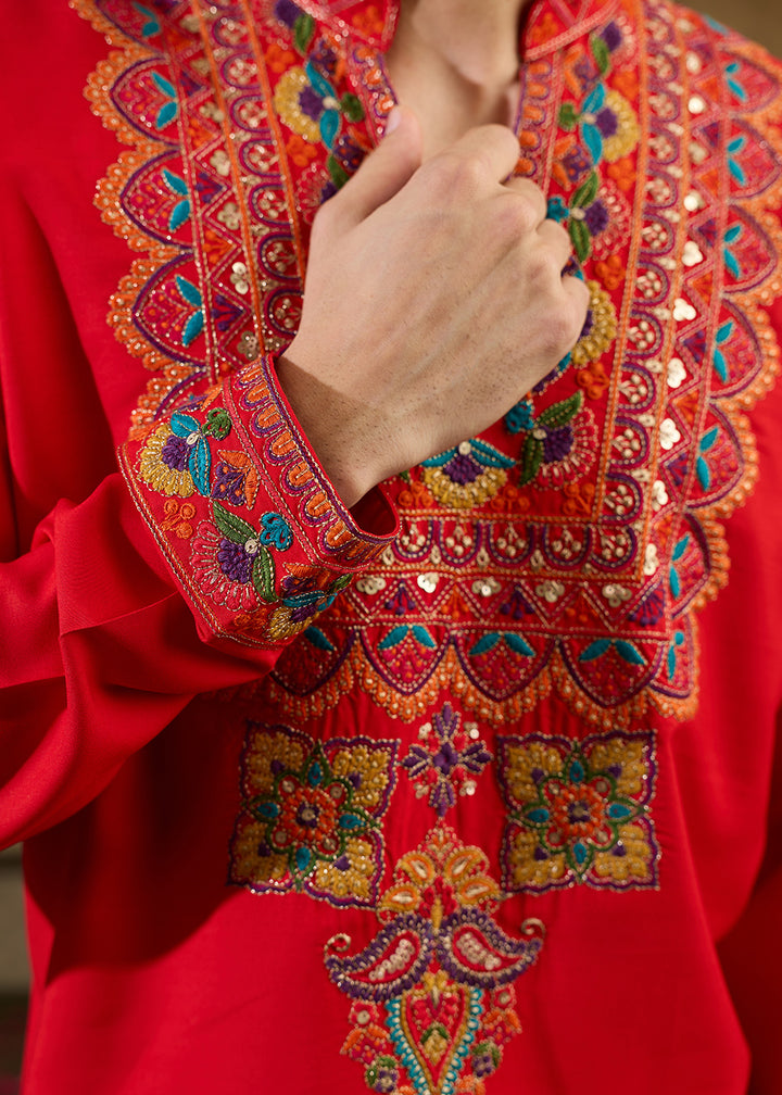 Pinkish Red Rayon Kurta Set with Vivid Resham Detailing