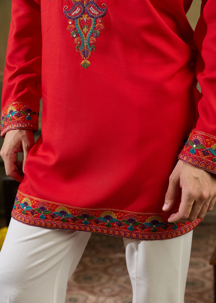 Pinkish Red Rayon Kurta Set with Vivid Resham Detailing