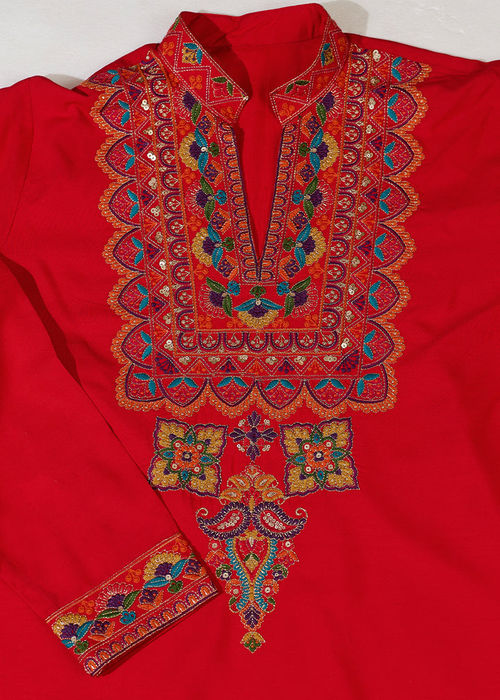 Pinkish Red Rayon Kurta Set with Vivid Resham Detailing