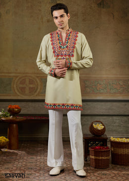 Tea Green Rayon Kurta Set with Vivid Resham Detailing