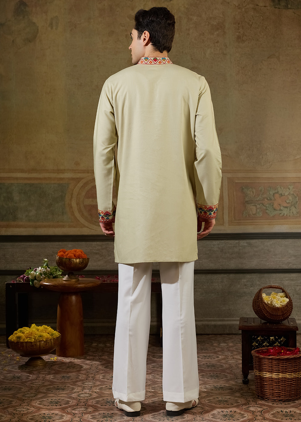 Tea Green Rayon Kurta Set with Vivid Resham Detailing