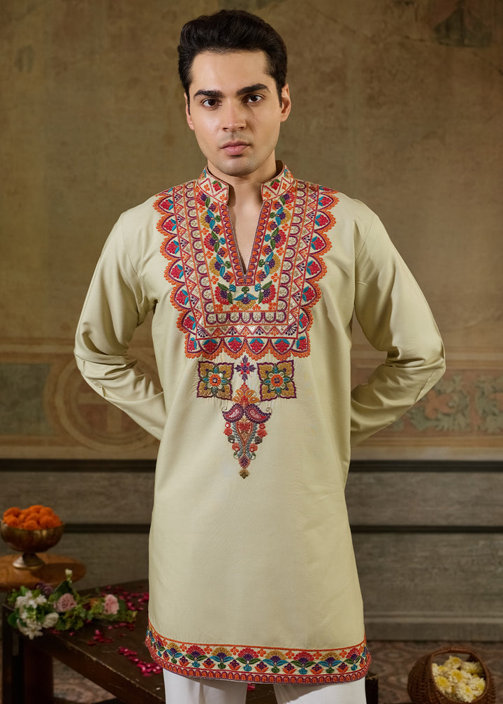 Tea Green Rayon Kurta Set with Vivid Resham Detailing