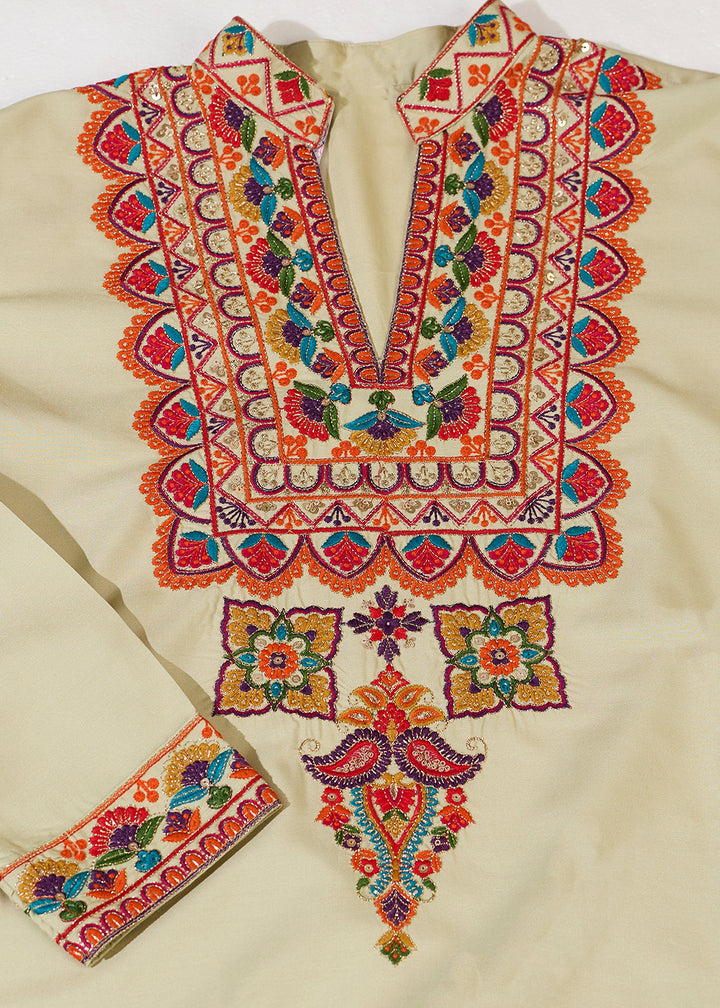 Tea Green Rayon Kurta Set with Vivid Resham Detailing