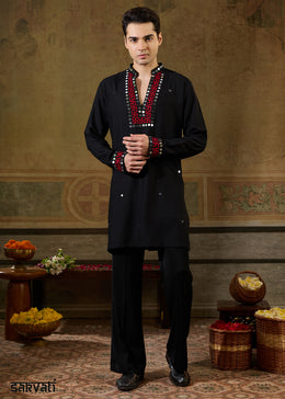 Pebble Black Rayon Kurta Set with Vivid Resham & Mirror Detailing