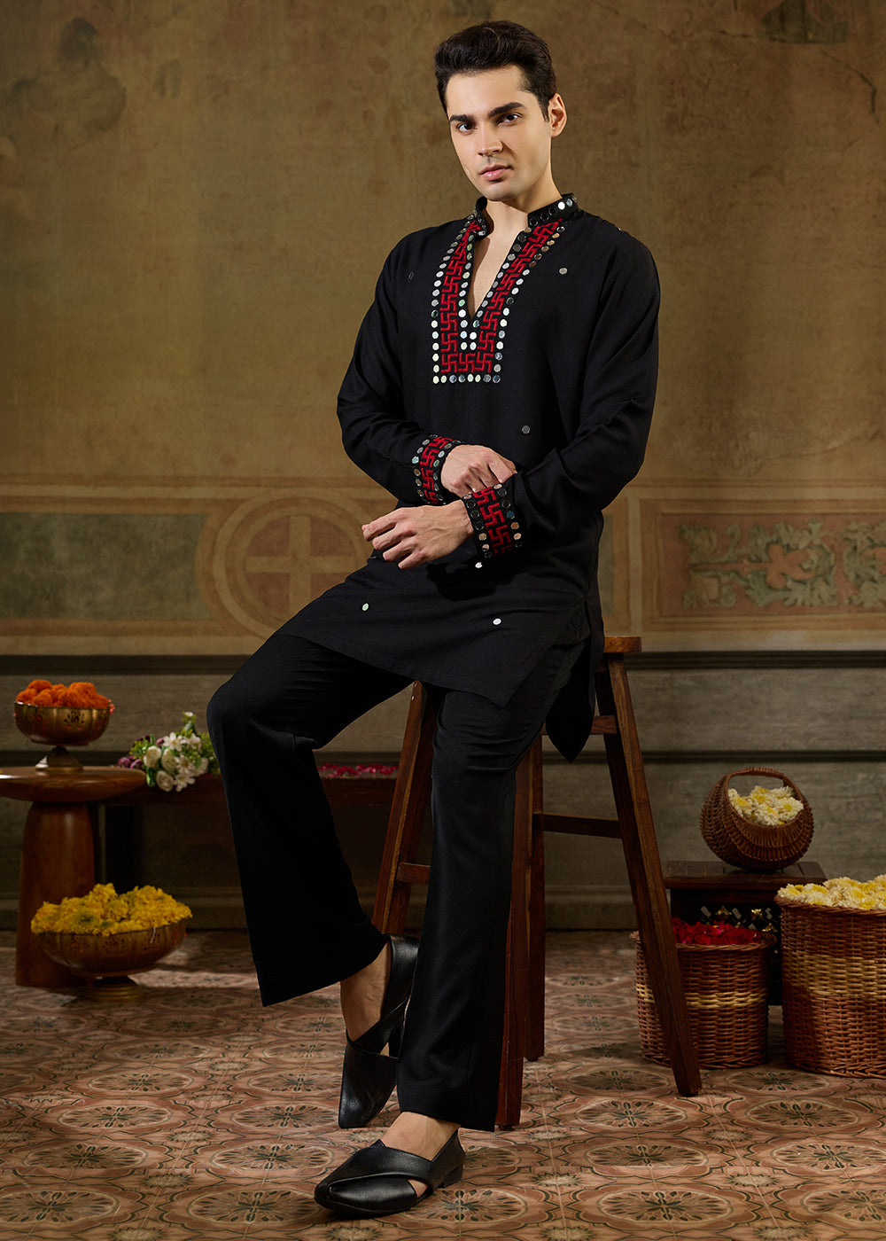 Pebble Black Rayon Kurta Set with Vivid Resham &amp; Mirror Detailing