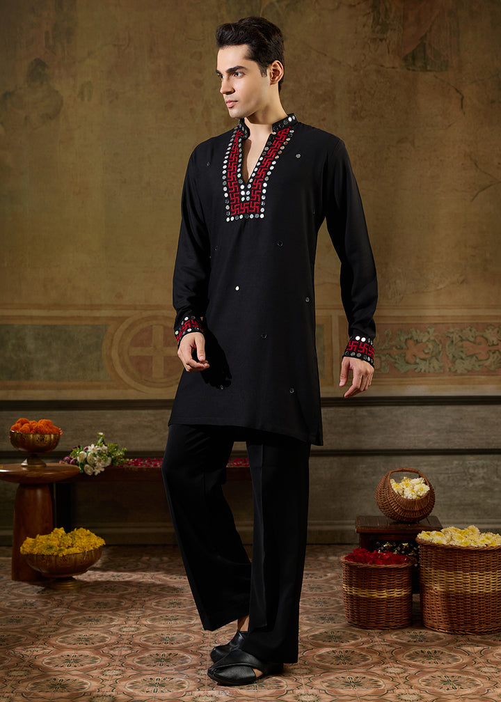 Pebble Black Rayon Kurta Set with Vivid Resham &amp; Mirror Detailing