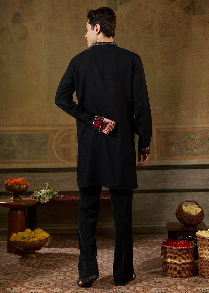 Pebble Black Rayon Kurta Set with Vivid Resham &amp; Mirror Detailing