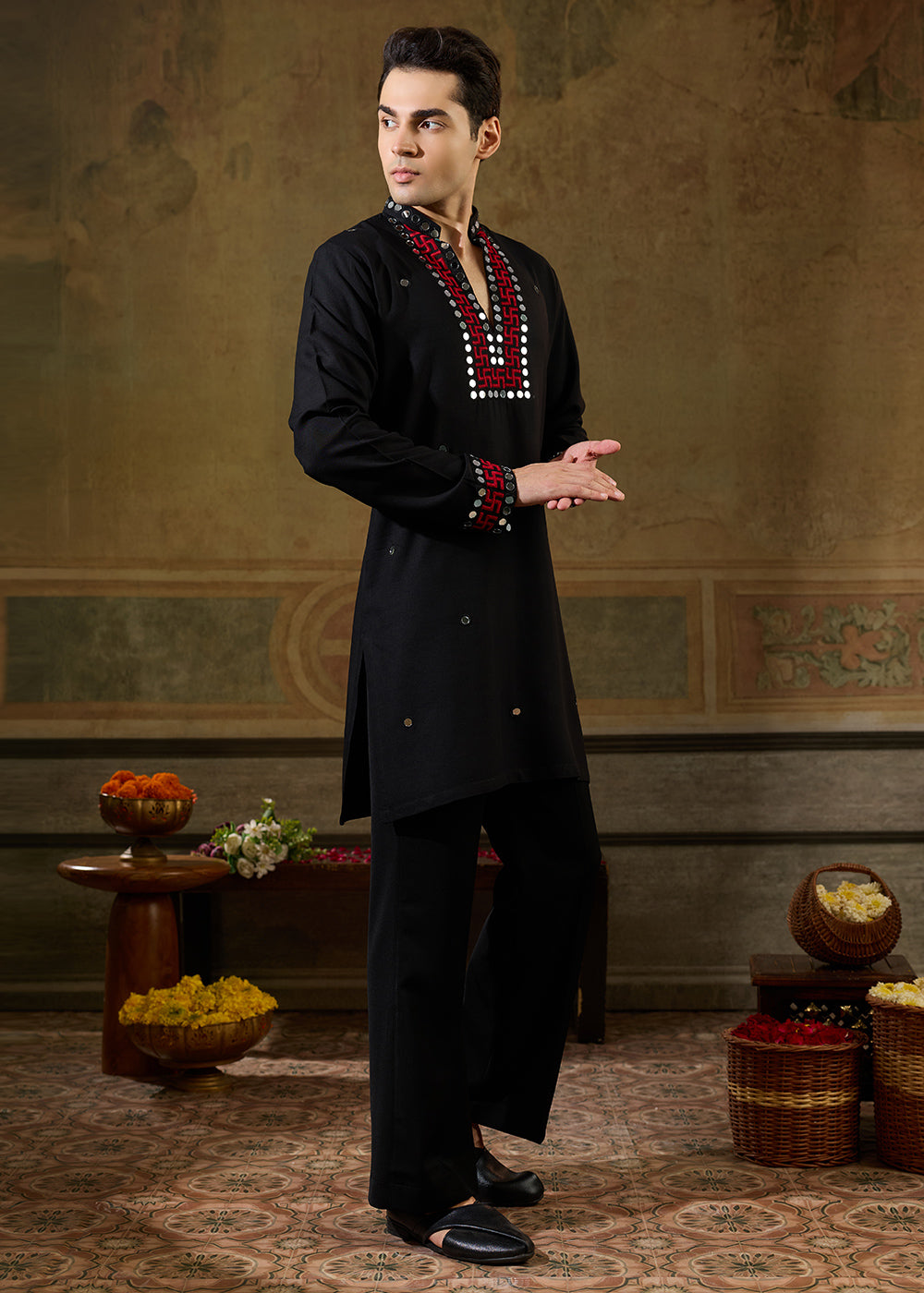 Pebble Black Rayon Kurta Set with Vivid Resham &amp; Mirror Detailing