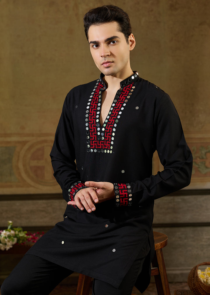 Pebble Black Rayon Kurta Set with Vivid Resham &amp; Mirror Detailing
