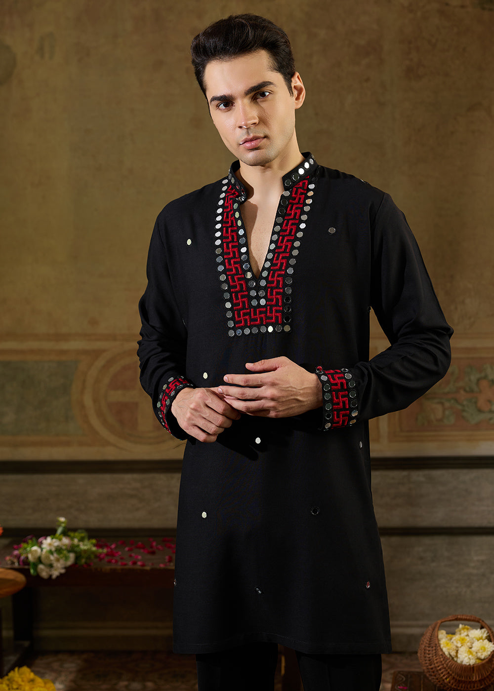 Pebble Black Rayon Kurta Set with Vivid Resham &amp; Mirror Detailing