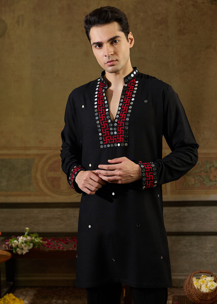 Pebble Black Rayon Kurta Set with Vivid Resham &amp; Mirror Detailing