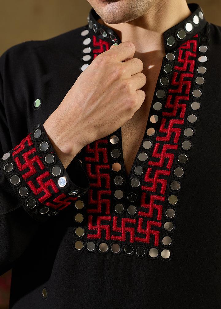 Pebble Black Rayon Kurta Set with Vivid Resham &amp; Mirror Detailing