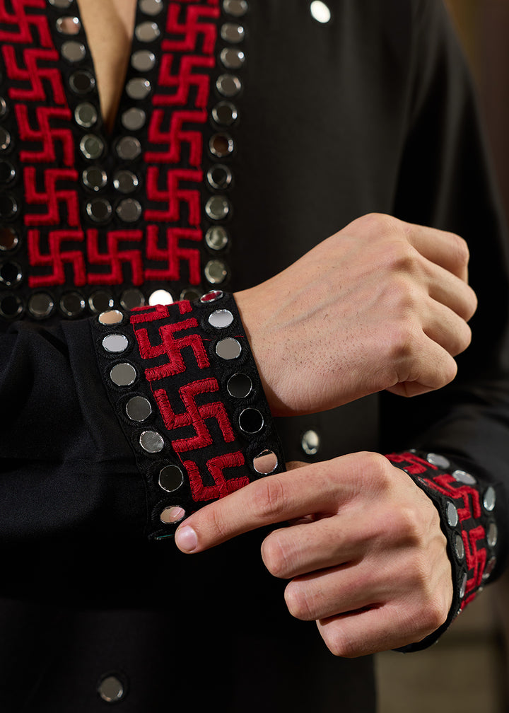 Pebble Black Rayon Kurta Set with Vivid Resham &amp; Mirror Detailing