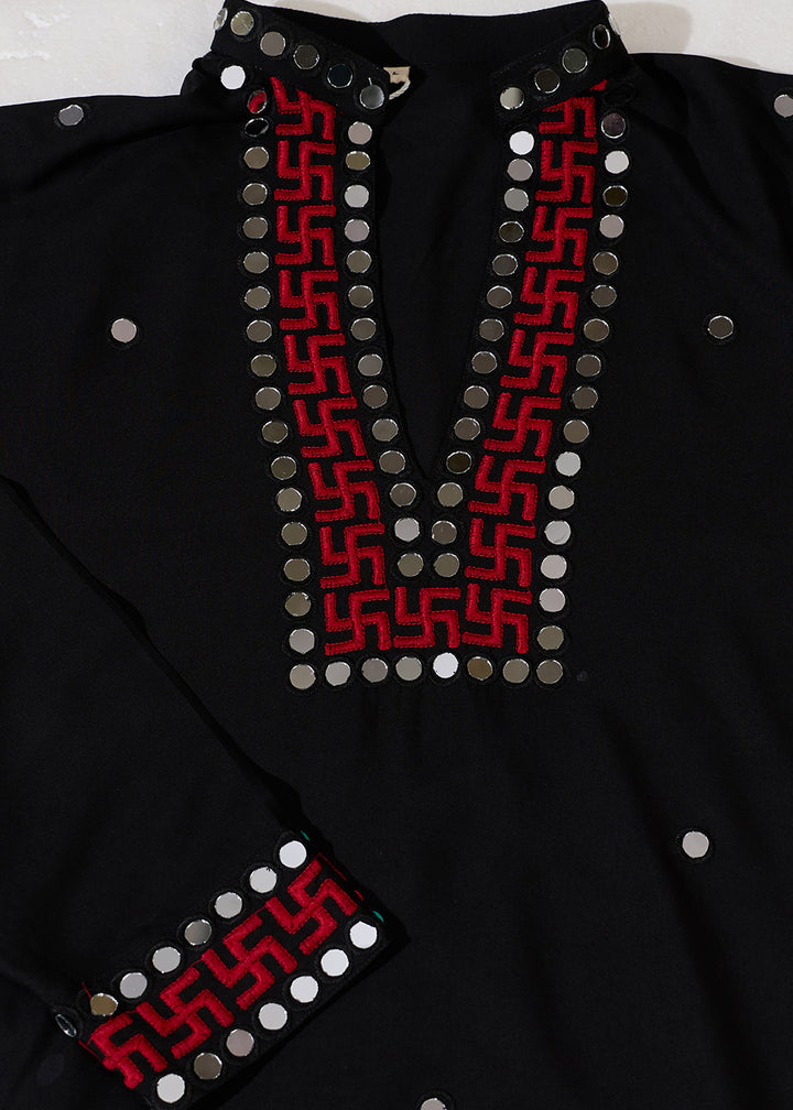 Pebble Black Rayon Kurta Set with Vivid Resham &amp; Mirror Detailing