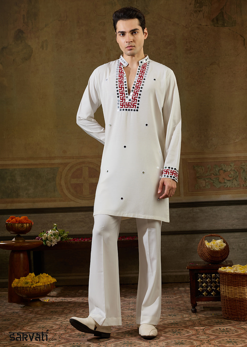 Pearl White Rayon Kurta Set with Vivid Resham &amp; Mirror Detailing