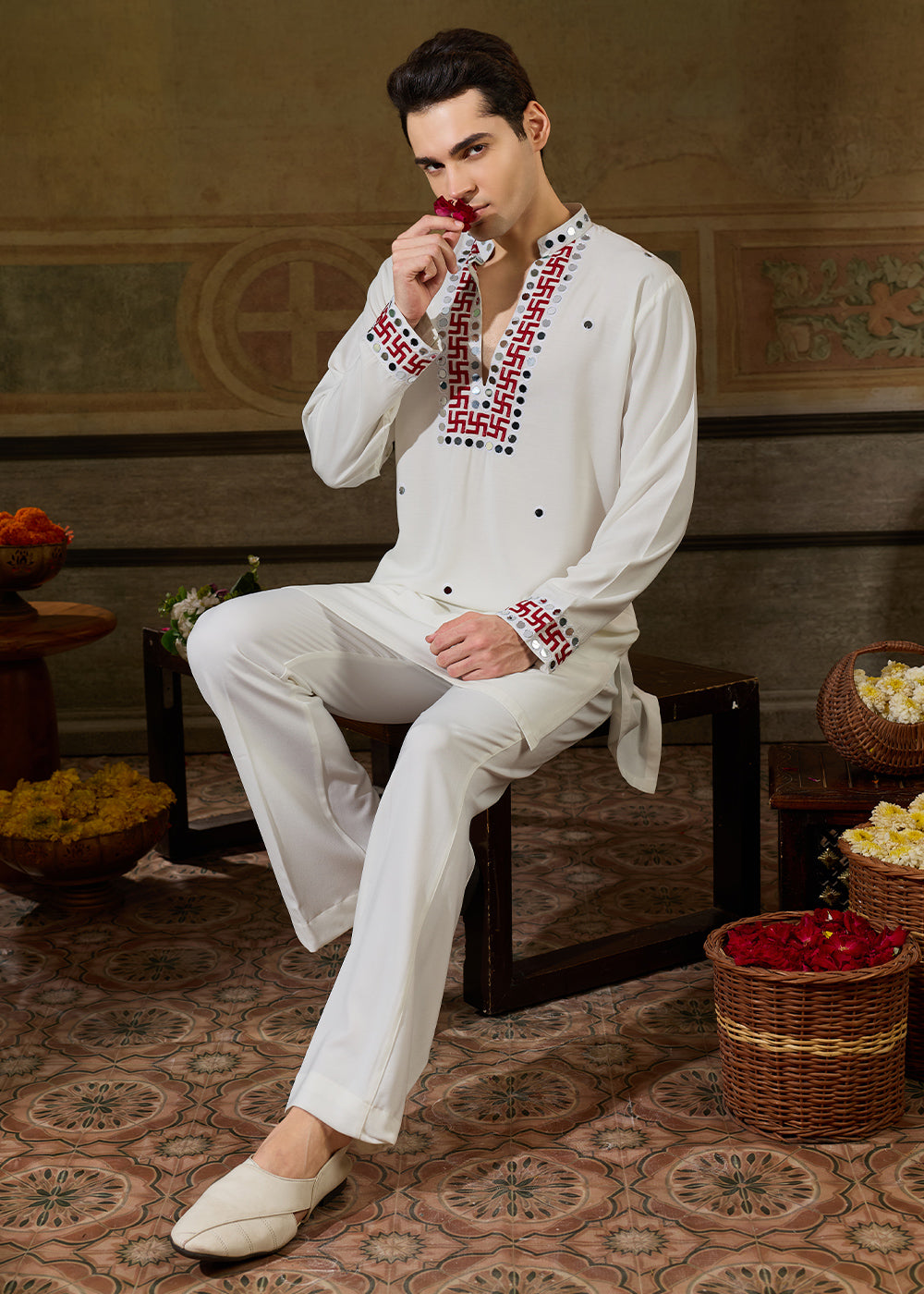 Pearl White Rayon Kurta Set with Vivid Resham &amp; Mirror Detailing