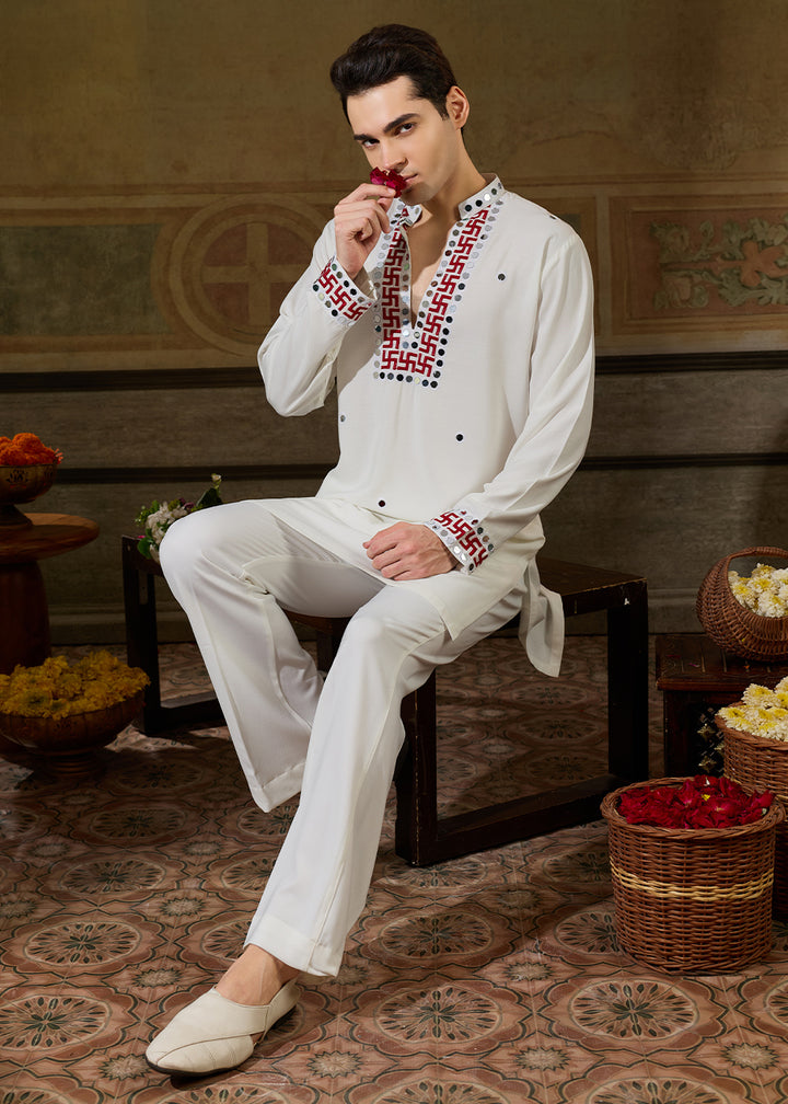 Pearl White Rayon Kurta Set with Vivid Resham &amp; Mirror Detailing