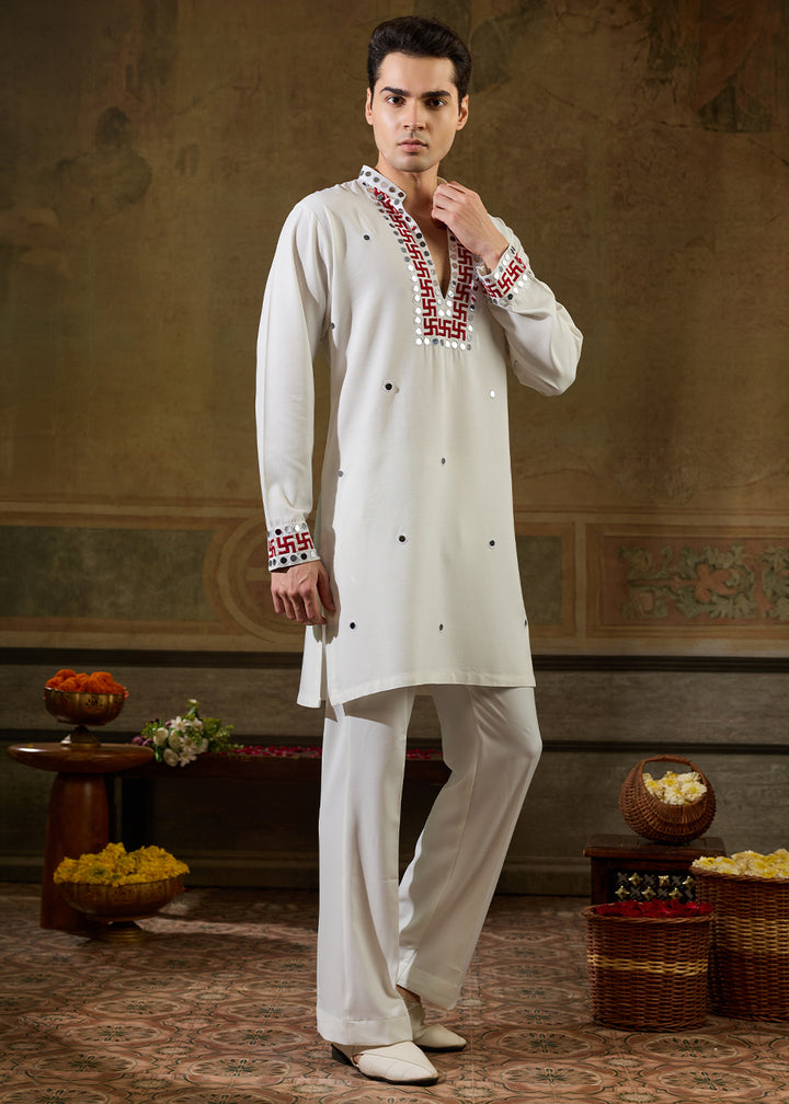 Pearl White Rayon Kurta Set with Vivid Resham &amp; Mirror Detailing