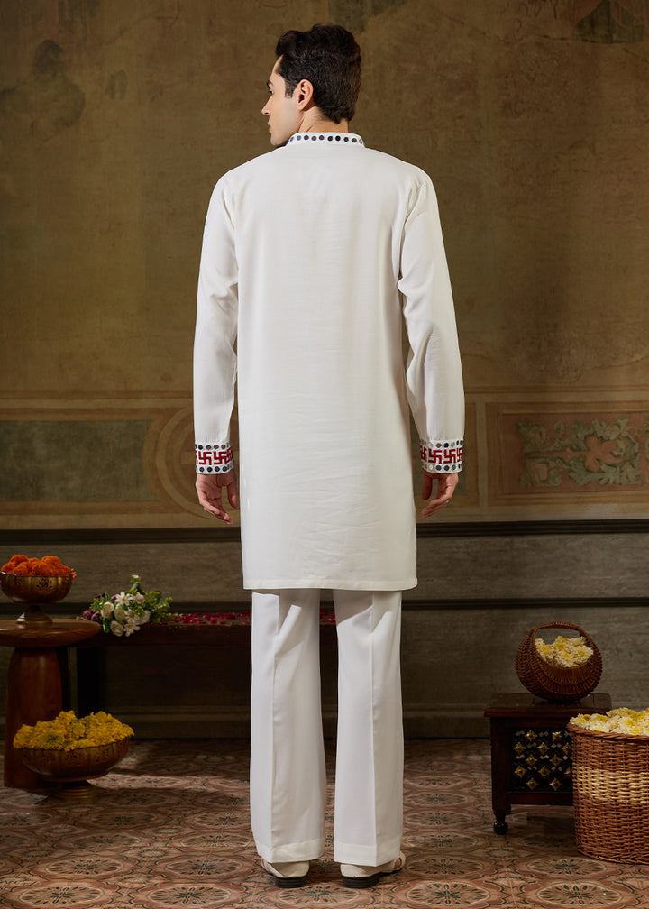 Pearl White Rayon Kurta Set with Vivid Resham &amp; Mirror Detailing