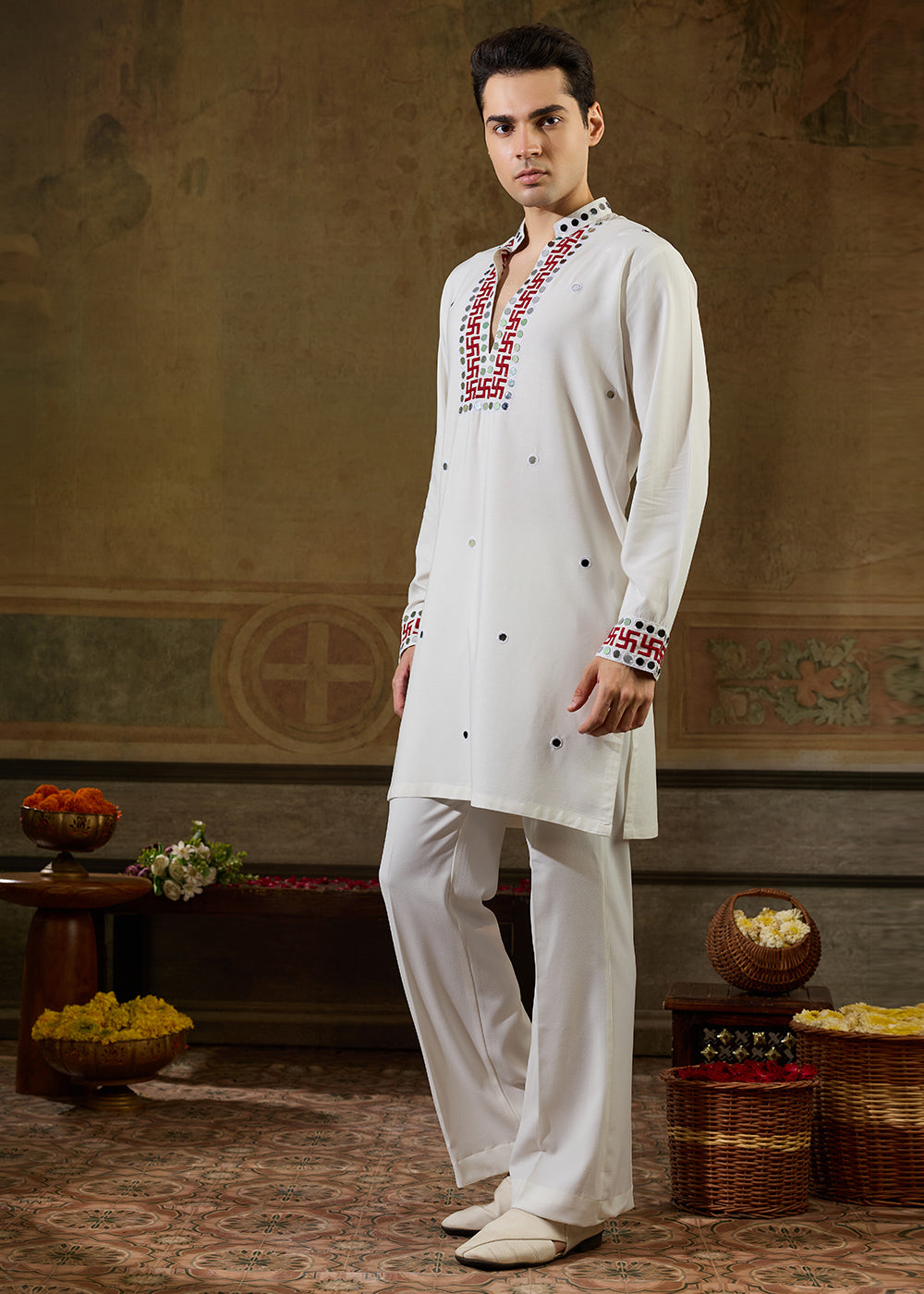 Pearl White Rayon Kurta Set with Vivid Resham &amp; Mirror Detailing