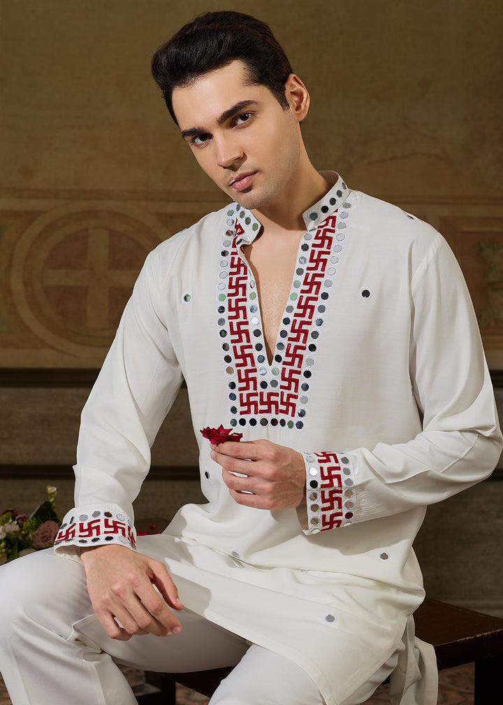 Pearl White Rayon Kurta Set with Vivid Resham &amp; Mirror Detailing