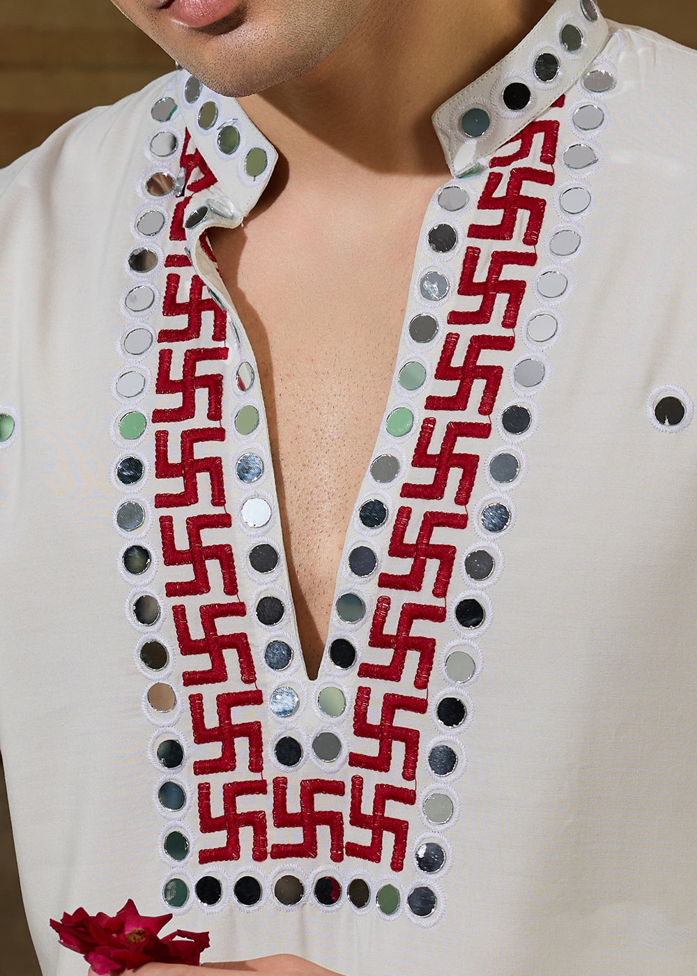 Pearl White Rayon Kurta Set with Vivid Resham &amp; Mirror Detailing