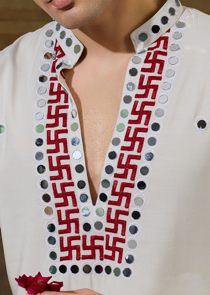 Pearl White Rayon Kurta Set with Vivid Resham &amp; Mirror Detailing
