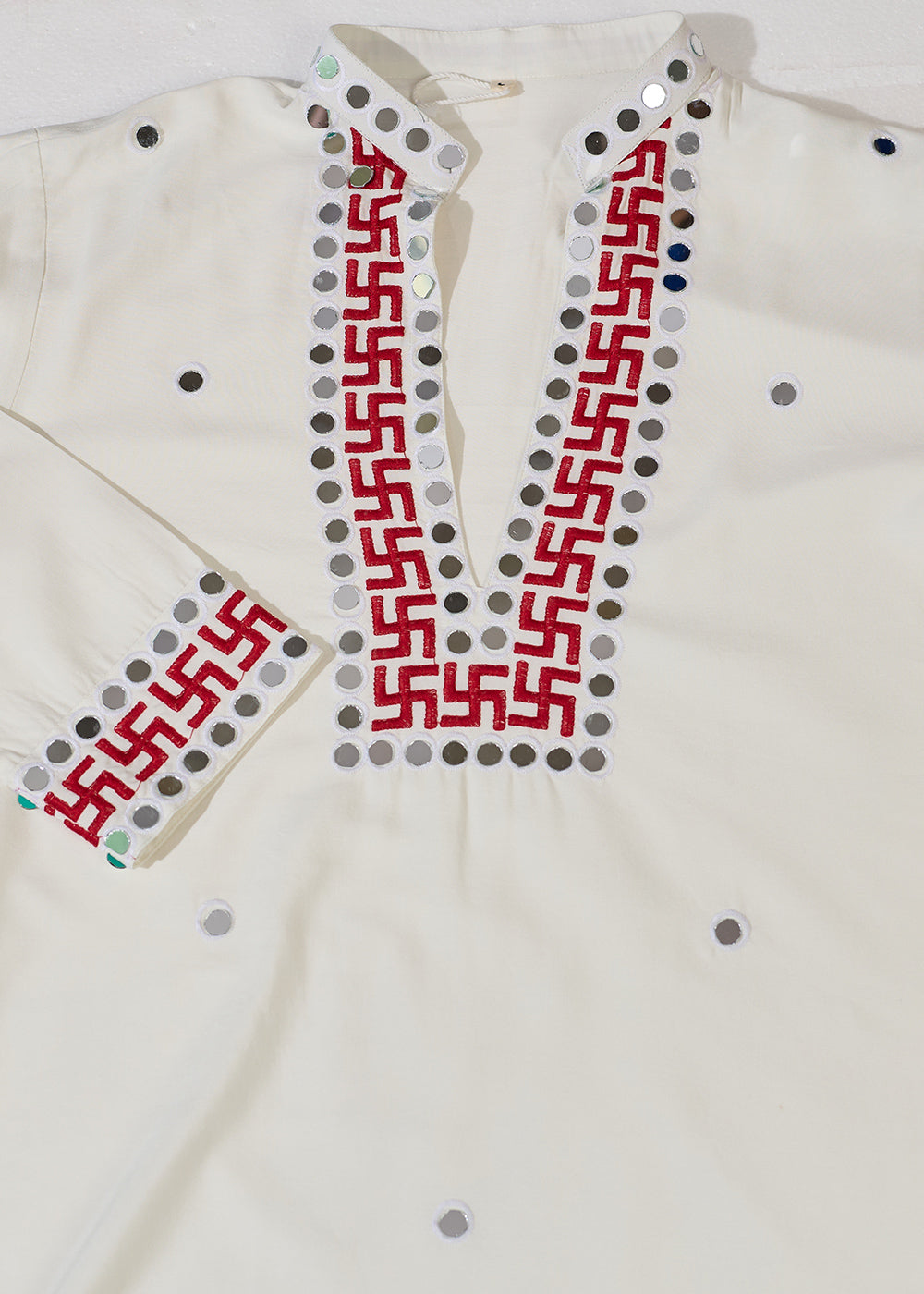 Pearl White Rayon Kurta Set with Vivid Resham &amp; Mirror Detailing