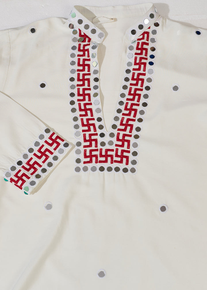 Pearl White Rayon Kurta Set with Vivid Resham &amp; Mirror Detailing